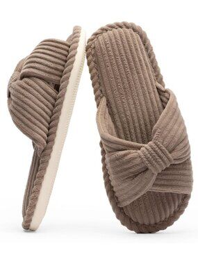 Women's Brown Corduroy Bow Cozy Comfortable Bedroom Spa Open Toe Slipper Shoes